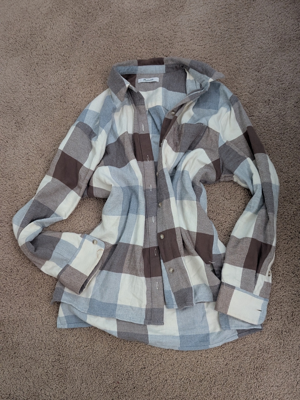 Madewell Plaid Shirt in Cream, Light Blue & Brown
